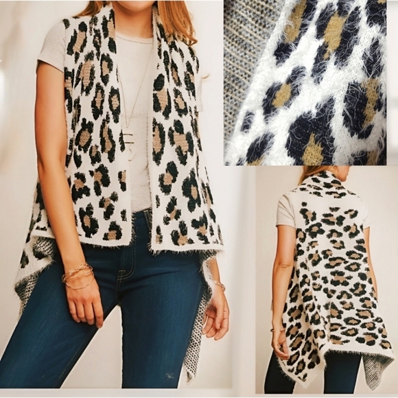 Fuzzy Soft High Low Leapord Print Open Front Shawl Vest Cardigan Size OS - Picture 4 of 10